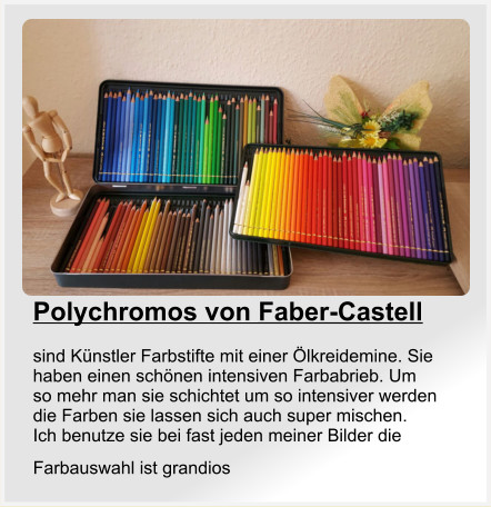 Polychromos von Faber-Castell   sind Künstler Farbstifte mit einer Ölkreidemine. Sie haben einen schönen intensiven Farbabrieb. Um so mehr man sie schichtet um so intensiver werden die Farben sie lassen sich auch super mischen.  Ich benutze sie bei fast jeden meiner Bilder die Farbauswahl ist grandios
