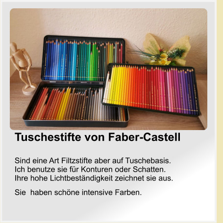Tuschestifte von Faber-Castell   Sind eine Art Filtzstifte aber auf Tuschebasis.  Ich benutze sie für Konturen oder Schatten. Ihre hohe Lichtbeständigkeit zeichnet sie aus.  Sie  haben schöne intensive Farben.